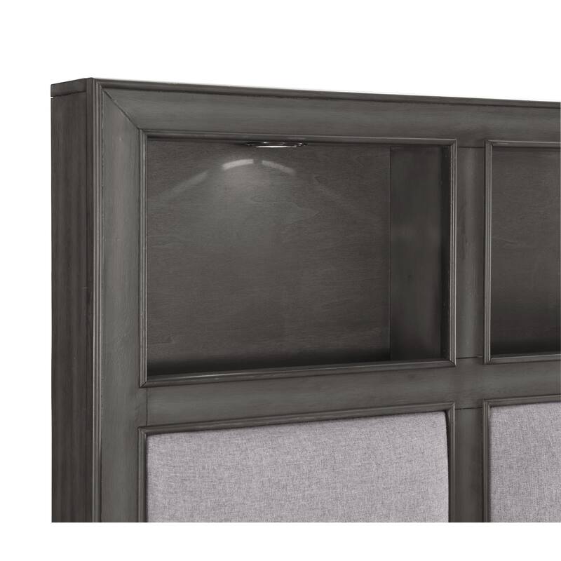 Celia Queen Platform Bed, 2 Drawers, Shelves on Headboard, Pebble Gray
