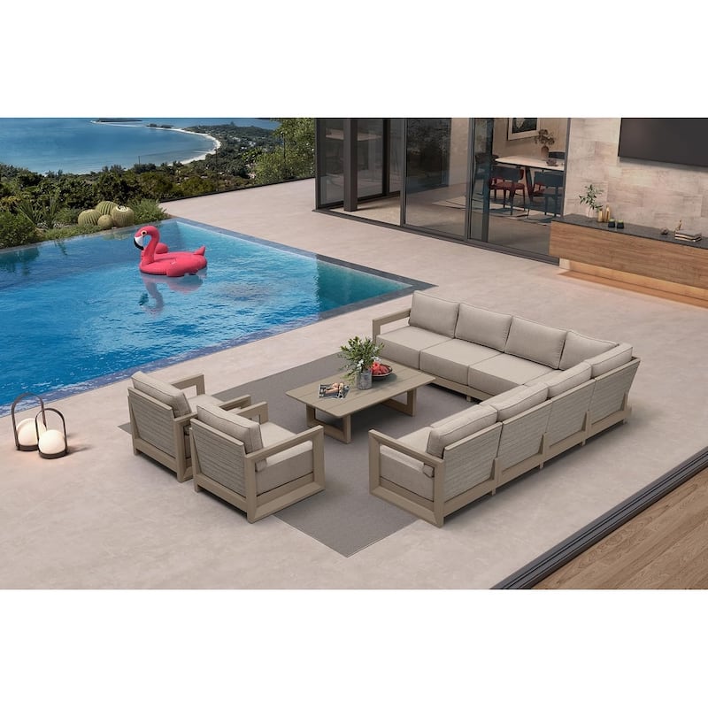 PURPLE LEAF Caesar Khaki Sofas Sectionals 4-18 Piece with 9.6" Thick Cushion for Yard Porch Deck Outdoor Patio Conversation Sets - 9 Seats+1 Ottoman - Open-End