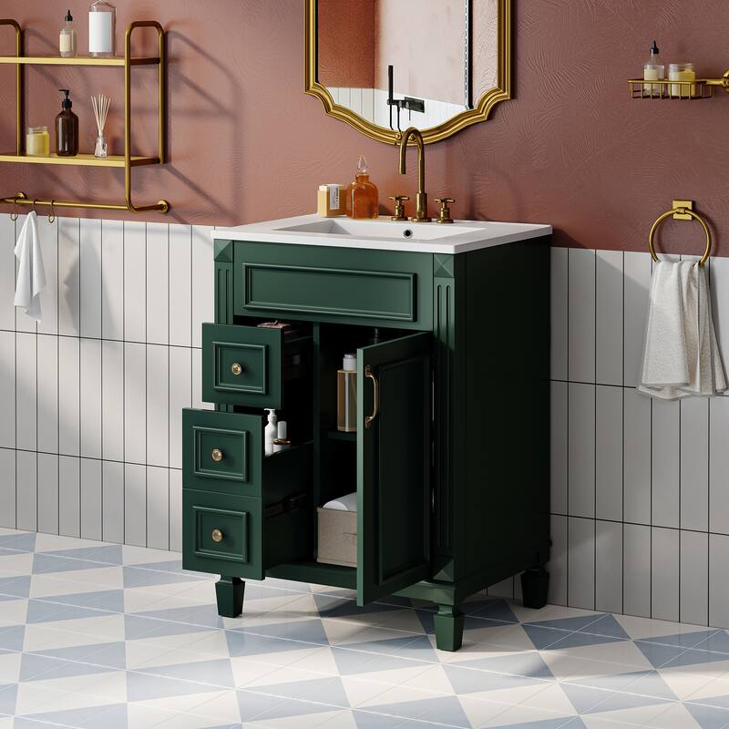 24" Bathroom Vanity with Ceramic Sink - Modern 2-Drawer Storage Cabinet, Adjustable Shelf, Space-Saving Design