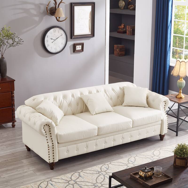Chesterfield Sofa Classic Tufted Technical Leather Lounge Couch with Hidden Storage, Nailhead Trim and Pillows, for Living Room