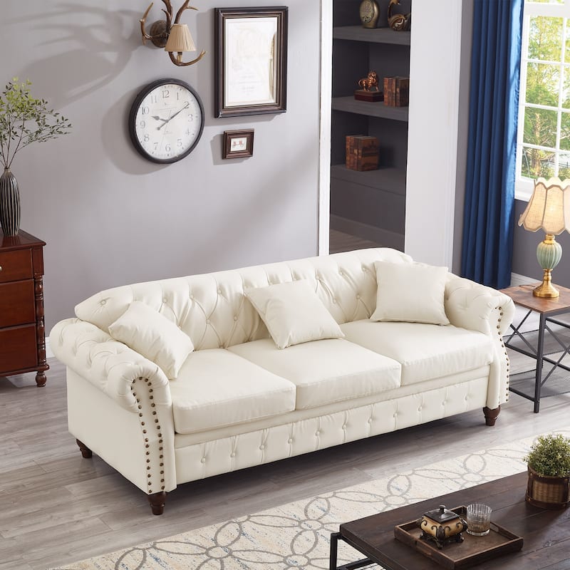 Faux Leather Upholstered Sofa with Storage, Chesterfield Tufted 3 Seater Sofa, Sofa Chair with Rolled Arms & Solid Wood Legs