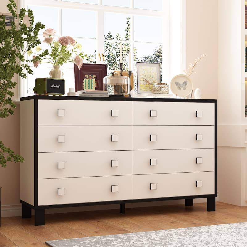 63" Modern 8 Drawer Dresser, Black & White Double Wide Bedroom Storage Chest