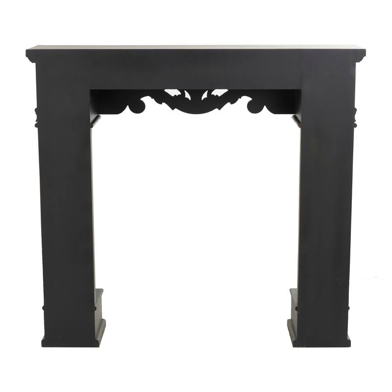 Black Wood Freestanding Scroll Decorative Fireplace Mantle with Floral Accents