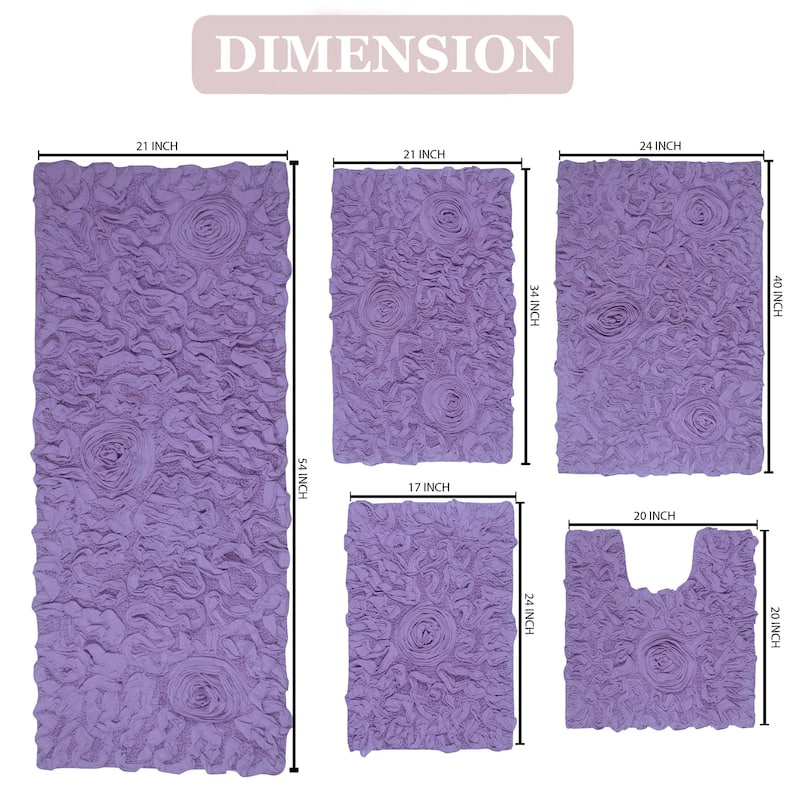 Bell Flower Collection 100% Cotton Non-Slip Bathroom Rug Set, Machine Washable Bath Rug, 5 Piece Bath Mat Set with Runner