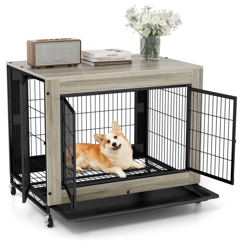 Gymax Dog Crate Furniture Industrial Dog Kennel w/ Flip-up Top - Grey