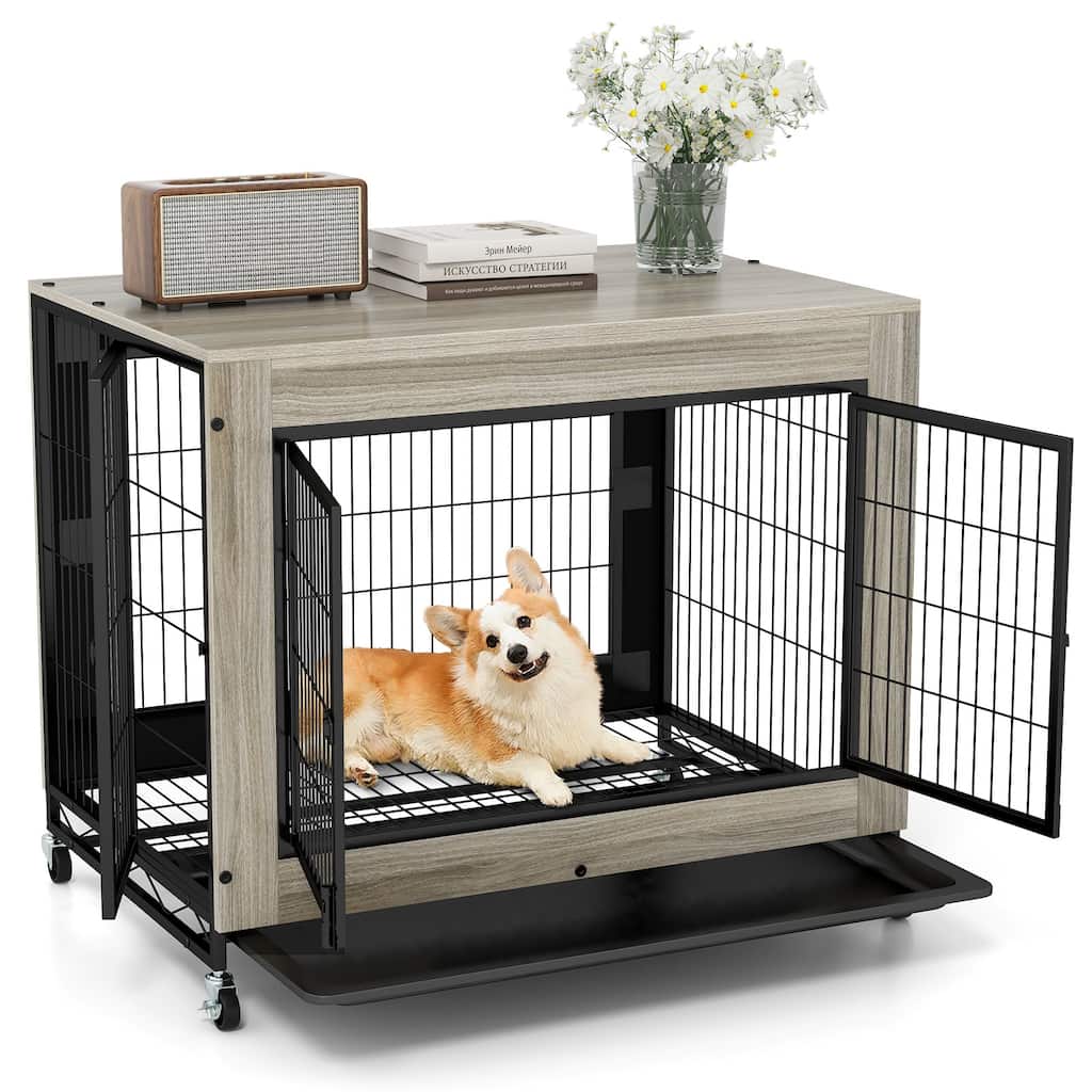 Gymax Dog Crate Furniture Industrial Dog Kennel w/ Flip-up Top