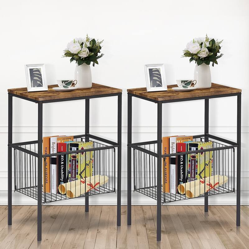 Javlergo Modern Side End Table with Storage Mesh Basket, Set of 2