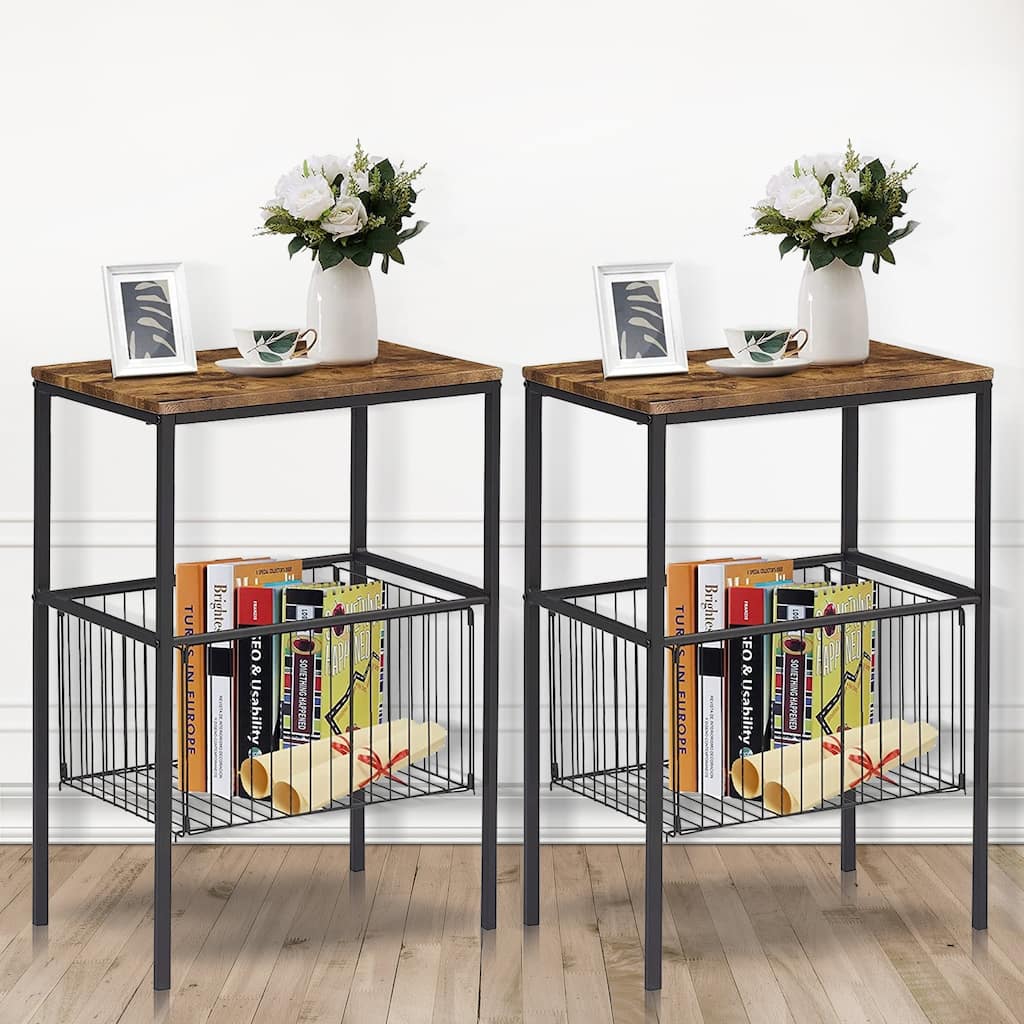 Javlergo Modern Side End Table with Storage Mesh Basket, Set of 2