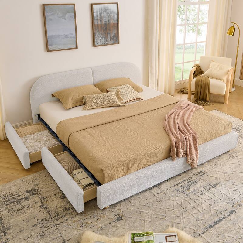 Stylish Curve-shaped Upholstered Platform Bed Frame Modern Minimalist Low Profile Bed with Curved Headboard Optional Storage Bed - Beige with Drawers - King