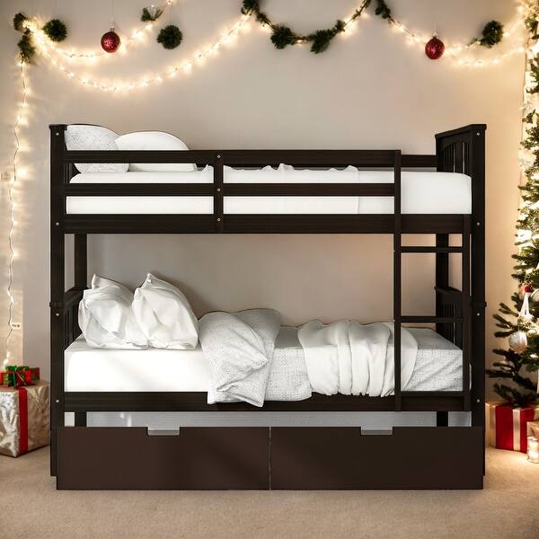 slide 2 of 9, Modern Full over Full Bunk Bed With Drawers and Ladder For Bedroom,Guest Room Furniture Espresso