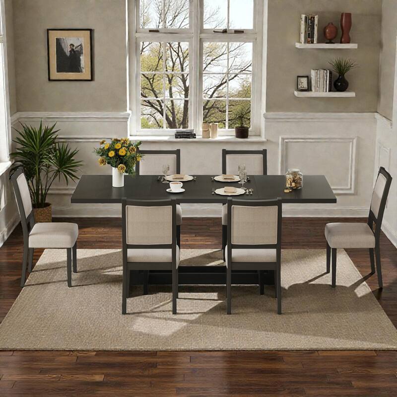 82" Rustic 7-Piece Extendable Dining Table Set with Trestle Base, 6 Upholstered Chairs and Two 12" Removable Leaves
