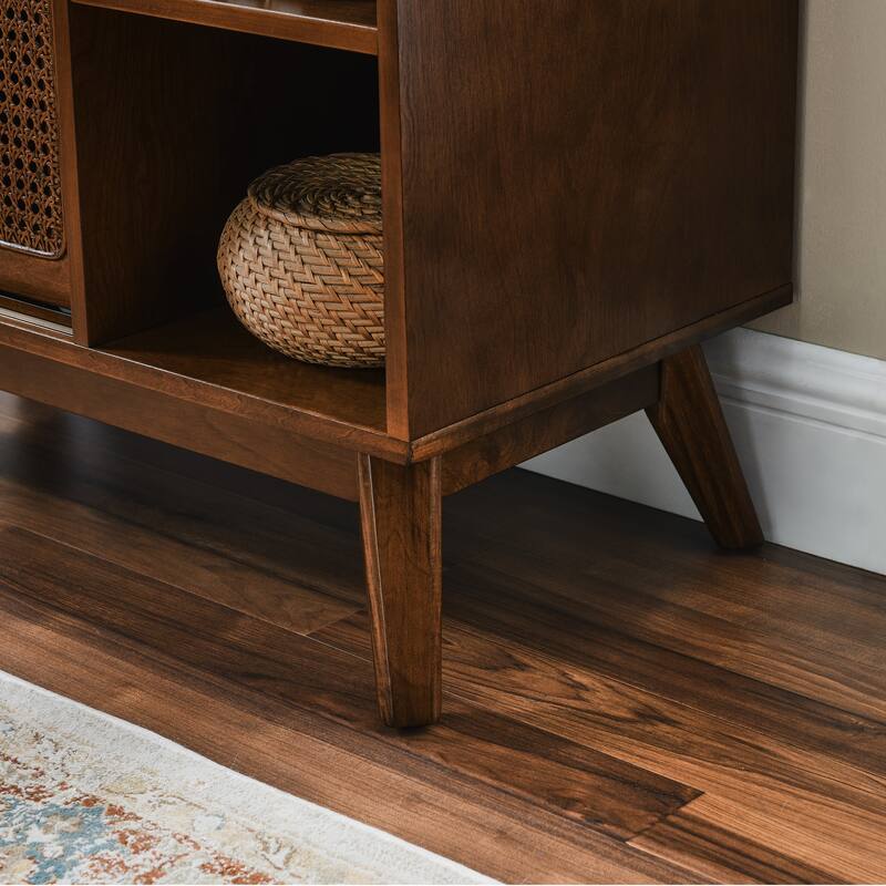 Rustic Rattan Sideboard Buffet Storage Cabinet Walnut Entry Side Cabinet