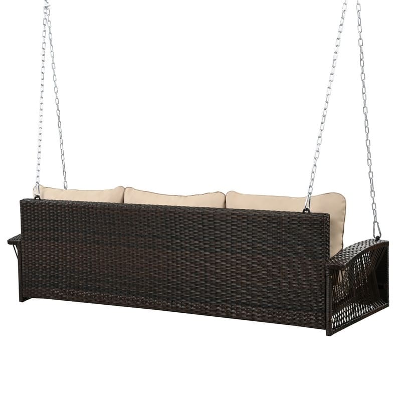 PE Wicker 3-Person Porch Swing with Chains, Swing Bench with Cushions