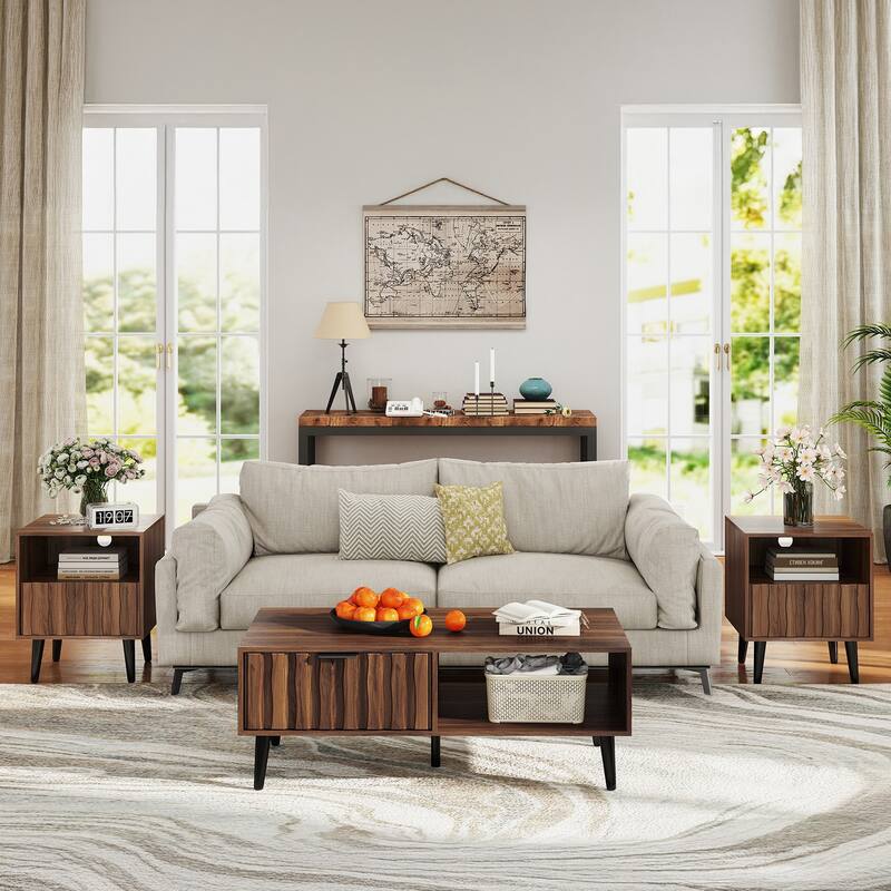 Mid-Century Modern Nightstand, Fluted End Table Drawer & Open Storage