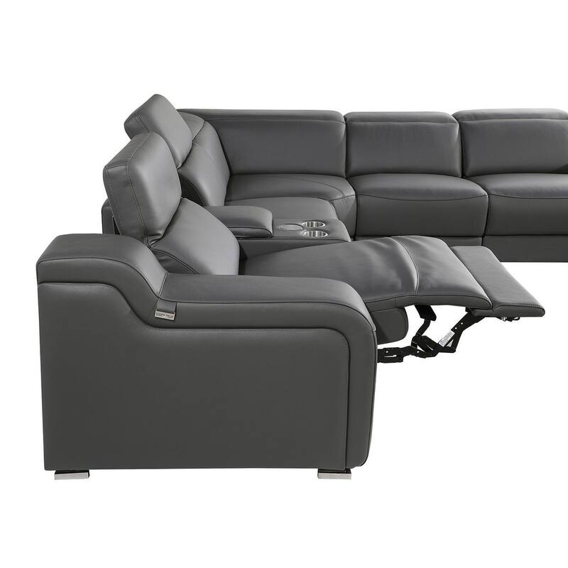 HomeRoots Dark Gray Italian Leather Power Reclining U Shaped Eight Piece Corner Sectional With Console