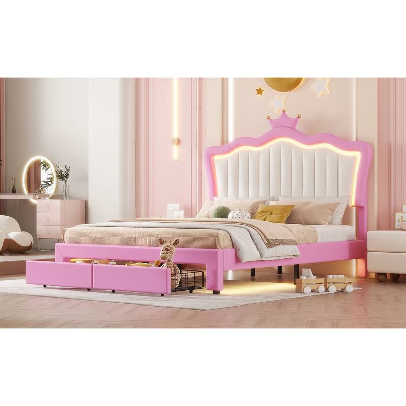 Full Size Upholstered Bed Frame with LED Lights, Crown Headboard, 2 Drawers, Pink+White