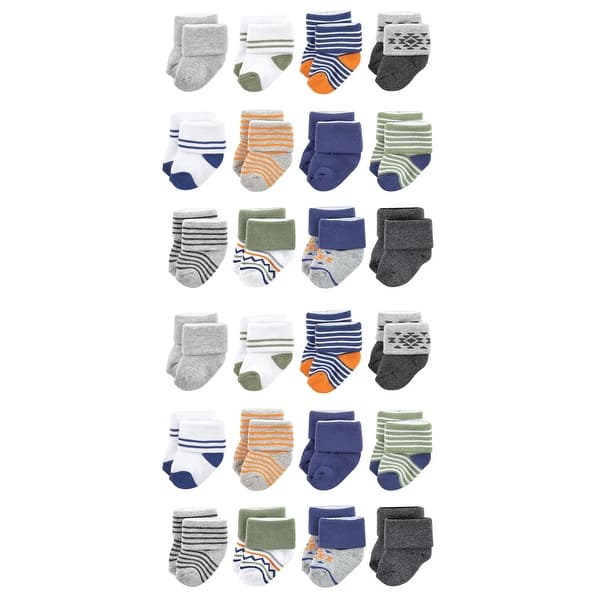 slide 1 of 1, Luvable Friends Cotton Rich Baby Terry Socks 24-Pack, Orange Blue Stripe 6-12 Months - Orange Blue Aztec