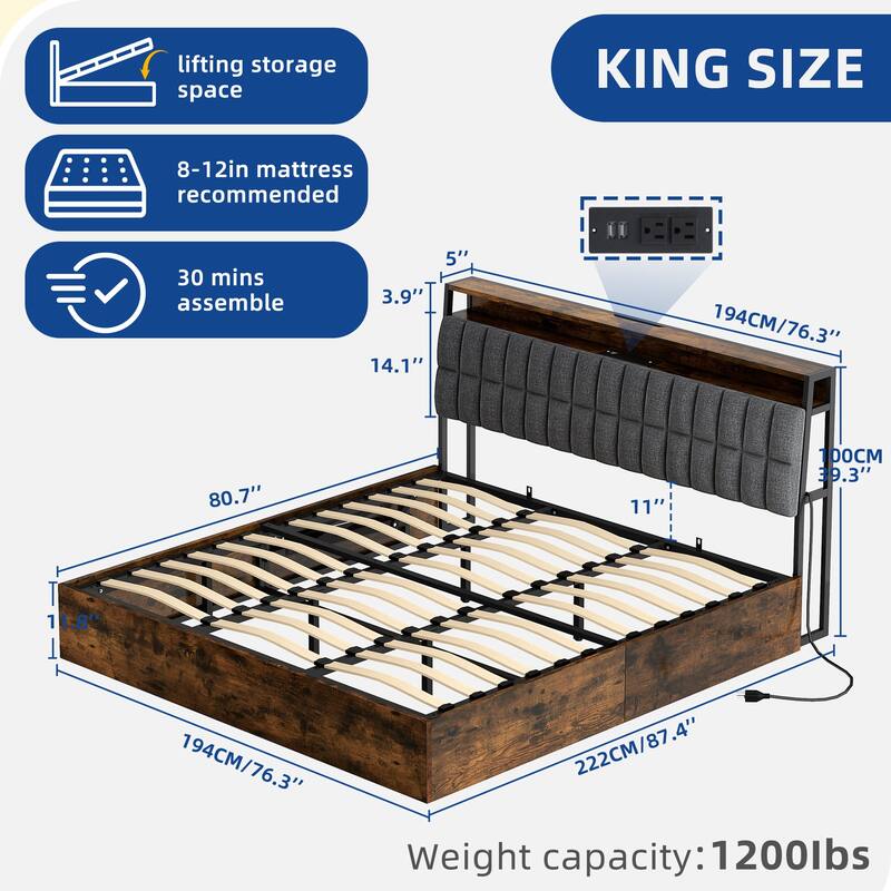 Moasis Lift-Up Storage Bed Frame with Charging Station & Storage Headboard
