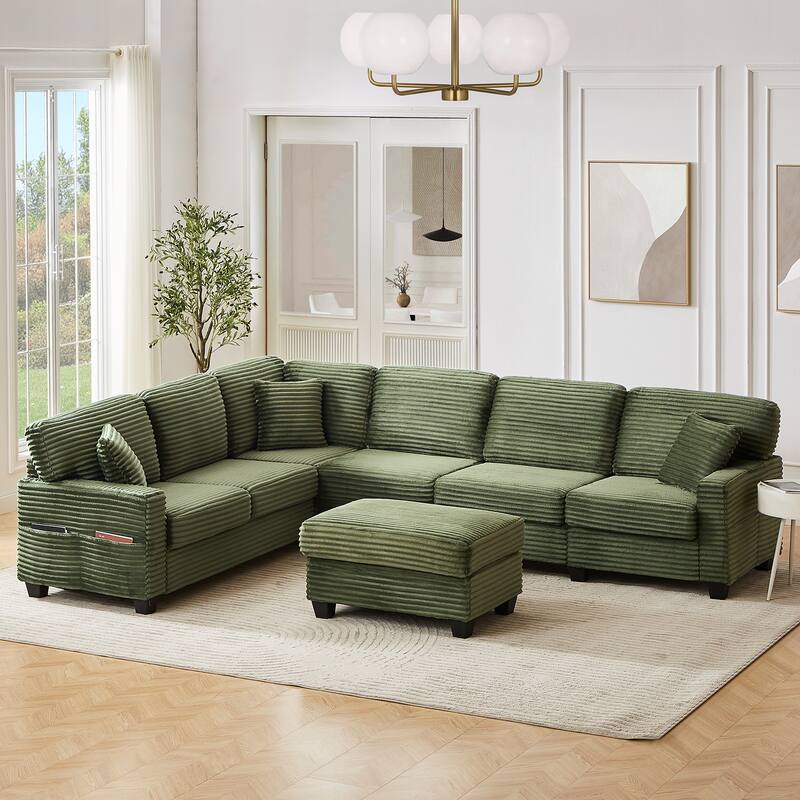 Corduroy U-Shaped Sectional Sofa 125.2" Upholstered Sofa with Movable Footstool and Side Storage Pockets, Pillow