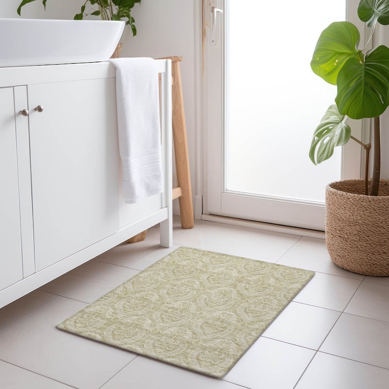 Machine Washable Indoor/ Outdoor Damask Chantille Rug - Beige - 1'8" x 2'6"