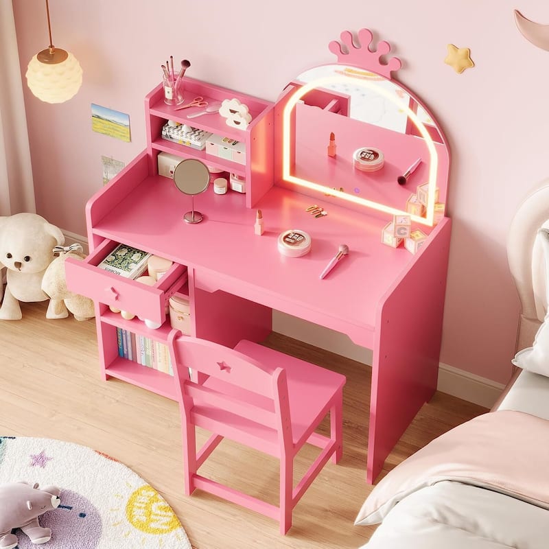 2-in-1 Princess Makeup Vanity Desk & Chair Set for Girls Best Gift