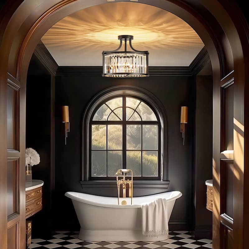 4-Light Modern Matte Black Drum Crystal Semi-Flush Mount Light - 14.76 in. W x 11.81 in. H