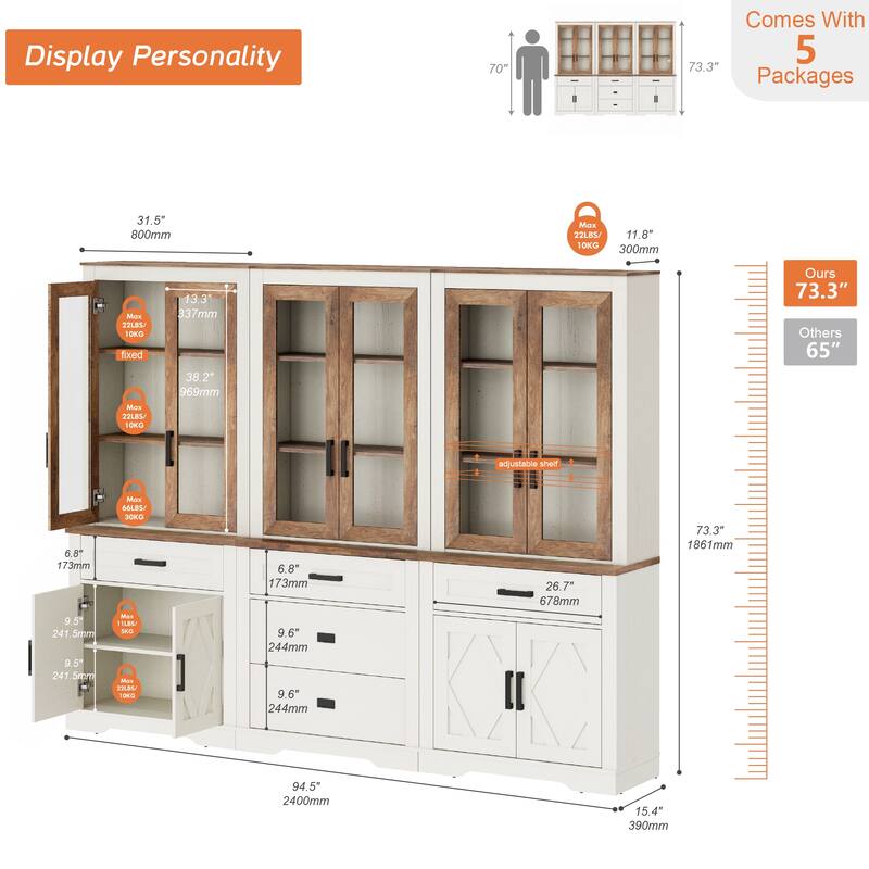 3-Column 73.3" Tall Bookshelf Set with Open Storage and Glass Doors