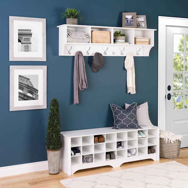 Prepac Hall Bench with Storage and Seating: 24-Shoe Cubby Bench, Ideal White Shoe Rack for Entryway