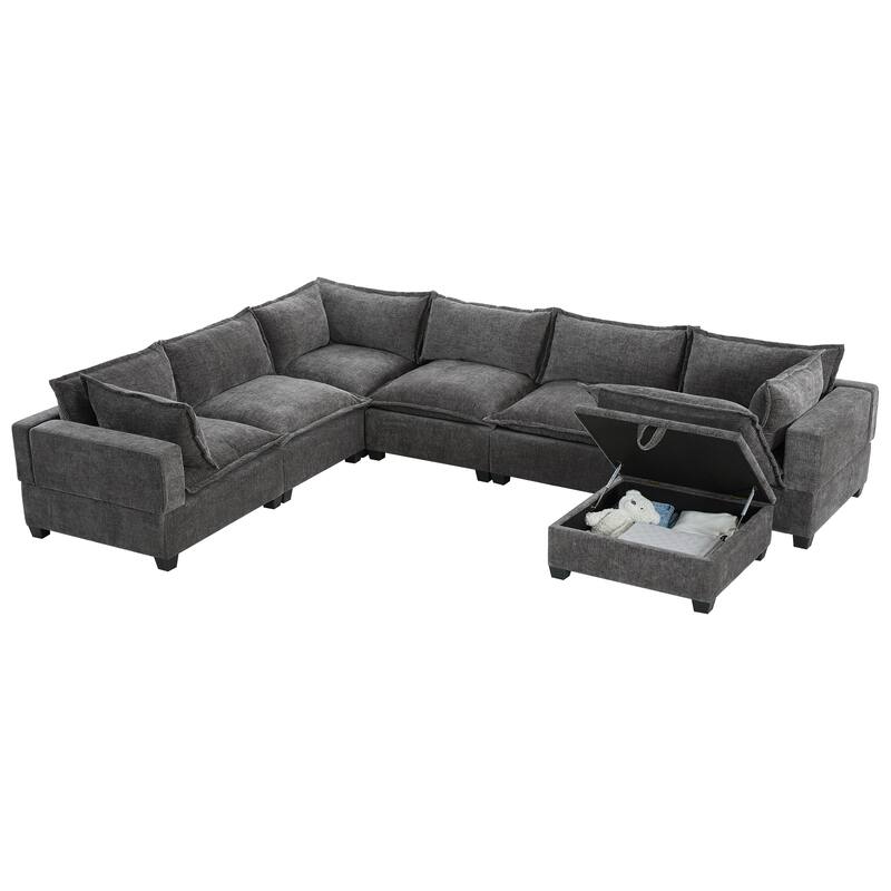 U Shaped Modular Sectional Sofa with Movable Storage Ottoman, Comfy Chenille Deep Seat Cloud Couch, Oversized 7 Seat Corner Sofa