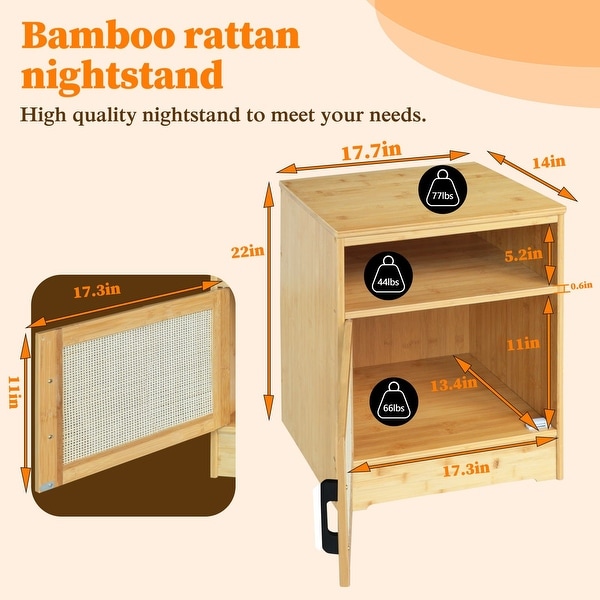 VEIKOUS 17.7 in. W Bamboo Nightstand with Rattan Doors and Storage