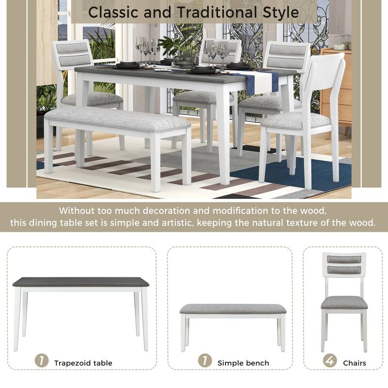 6 Piece Kitchen Dining Table Set with 4 Curved Backrests Upholstered Chairs & Bench, Rubber Wood Table Legs with Protective Pads