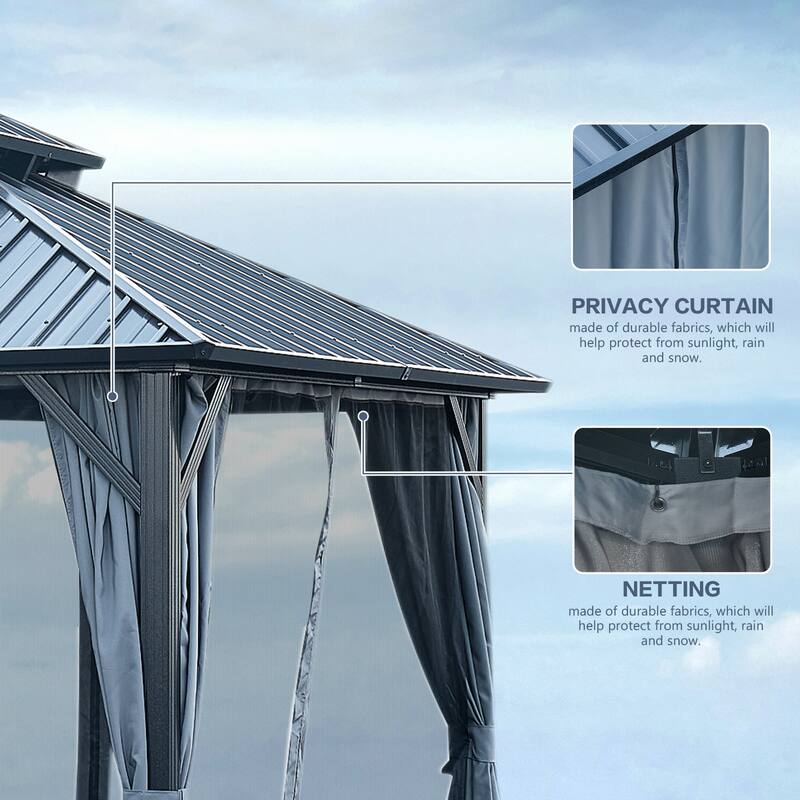 12'x12' Hardtop Gazebo with Steel Roof, Aluminum Frame, Curtains & Netting for Outdoor Shade