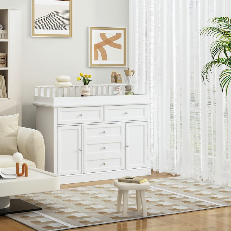 Classic White Baby Changing Table with Storage Cabinets and Drawers