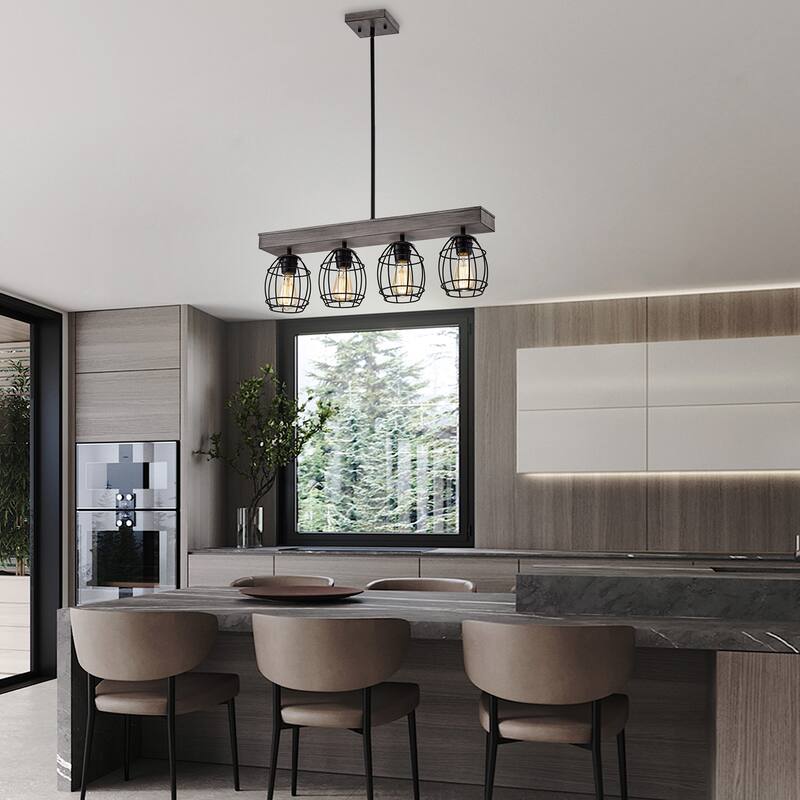 Wood and Black 4-Light Cage Linear Kitchen Island Lighting