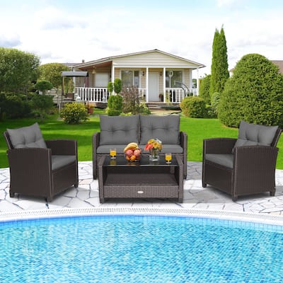 4 Piece Patio Furniture Set with Cushions and Glass Top Coffee Table - 36" x 21.5" x 17"