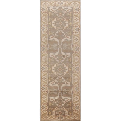 Light Brown Oushak Oriental Runner Rug Handmade Floral Wool Carpet - 2'8" x 10'0"