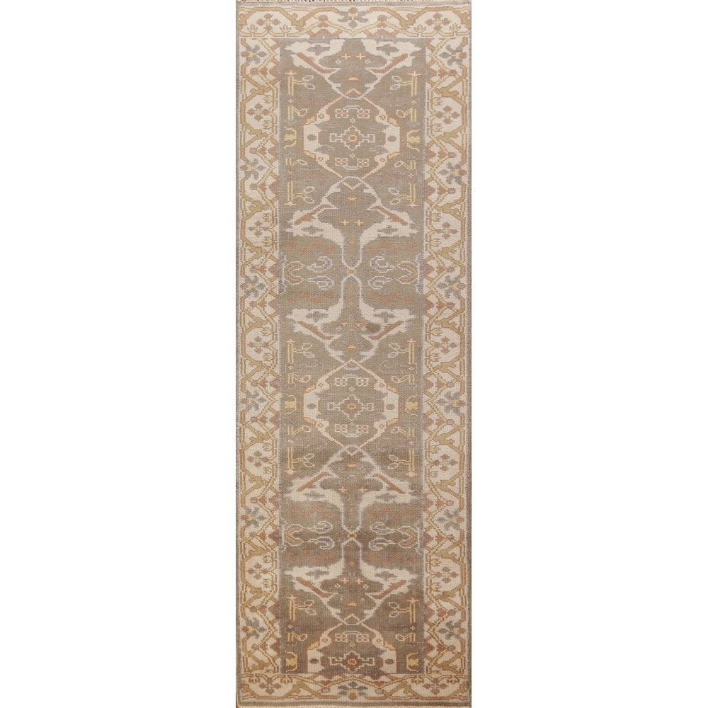 Light Brown Oushak Oriental Runner Rug Handmade Floral Wool Carpet - 2'8" x 10'0"
