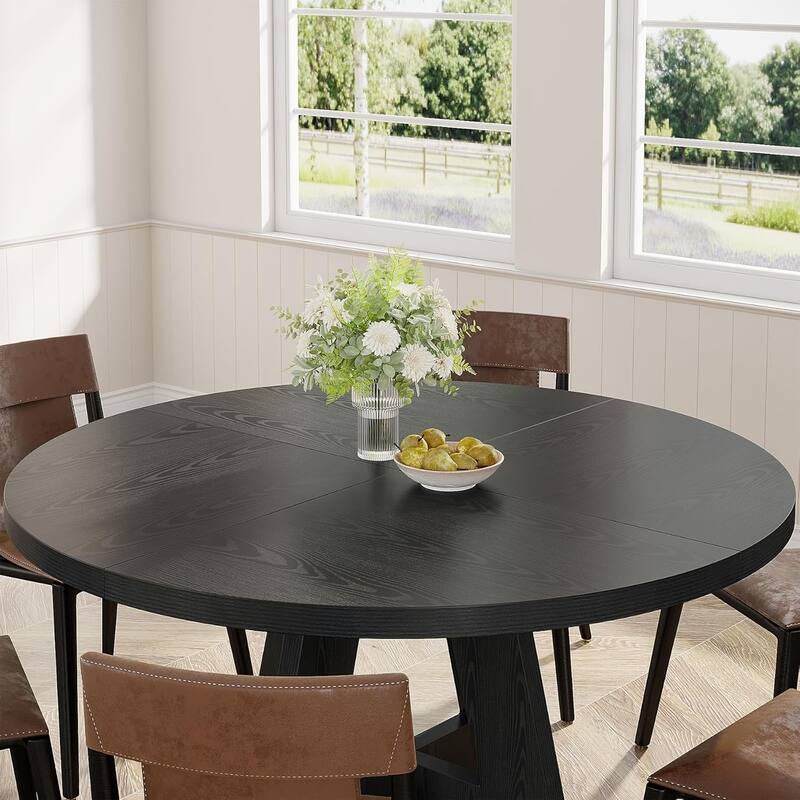 47" Round Farmhouse Dining Table -Wood Kitchen Table for 4, Cross Base Wooden Dinner Table for Dining Room, Breakfast Nook