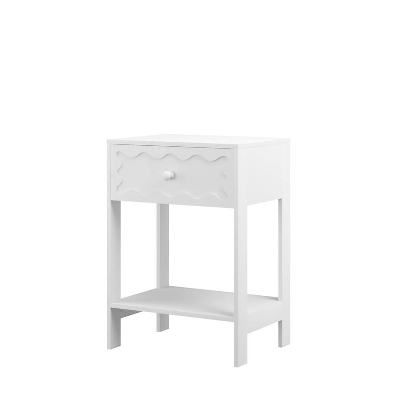 Nightstand with Drawer and Open Shelf, Modern Wave Pattern Bedside Table, Solid Wood Frame End Table for Bedroom, Living Room