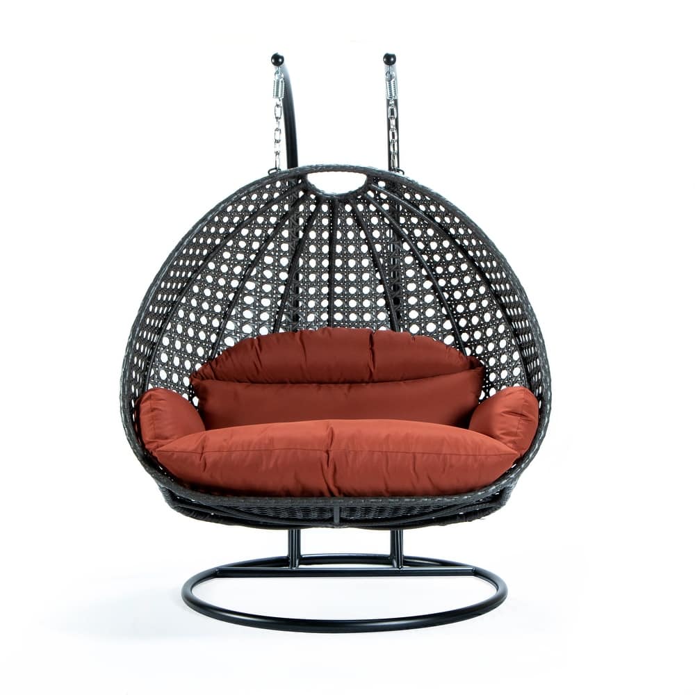 Leisuremod Modern Hanging Egg Swing Chair for 2-Person with Metal Stand, Charcoal Wicker, Patio Hammock Lounger with Cushions