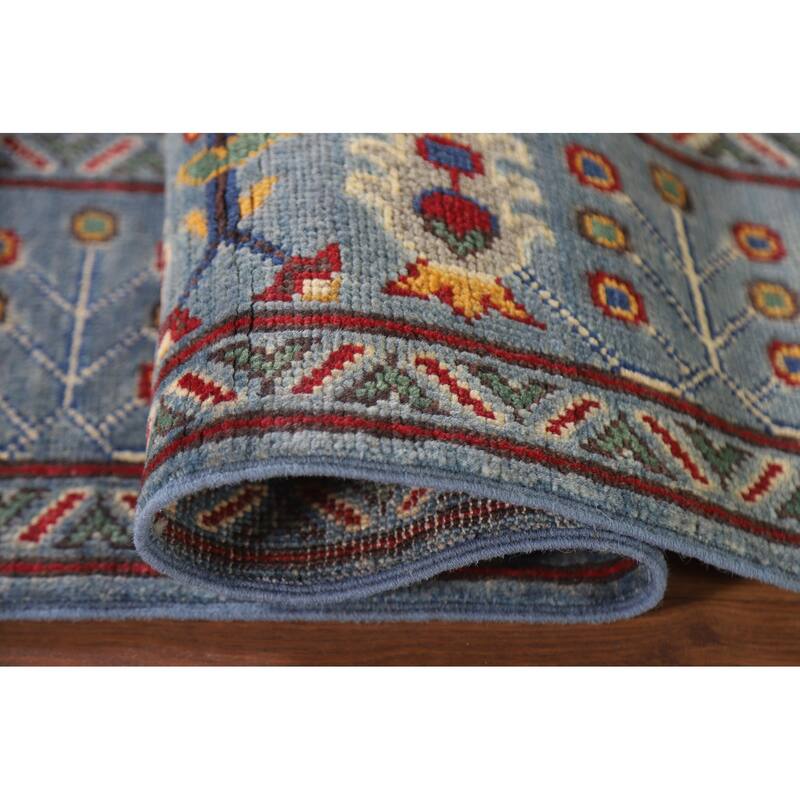 Hand Knotted Oriental 100% Wool Carpet Traditional All-Over Navy Blue & Blues Kazak Area Rug - 9' 8'' X 6' 9''