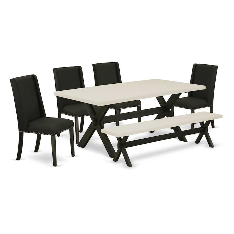 Kitchen Dining Set 6 Piece - Black Linen Chairs & Wood Table with Bench