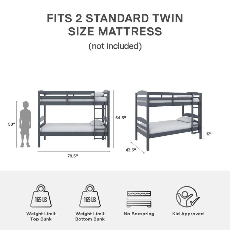 DHP Brady Solid Wood Twin-over-Twin Convertible Bunk Bed