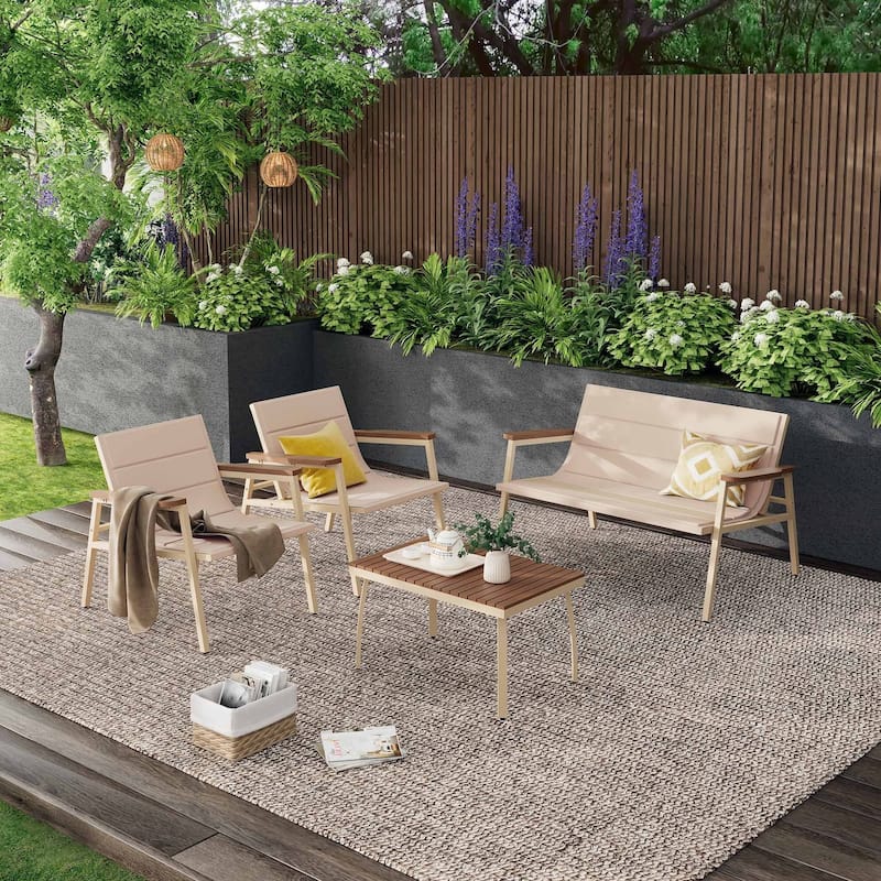 Outdoor Patio Furniture Set 4 Pieces Patio Conversation Sets with Padded Suspended Cushion for Lawn Backyard Balcony, Beige