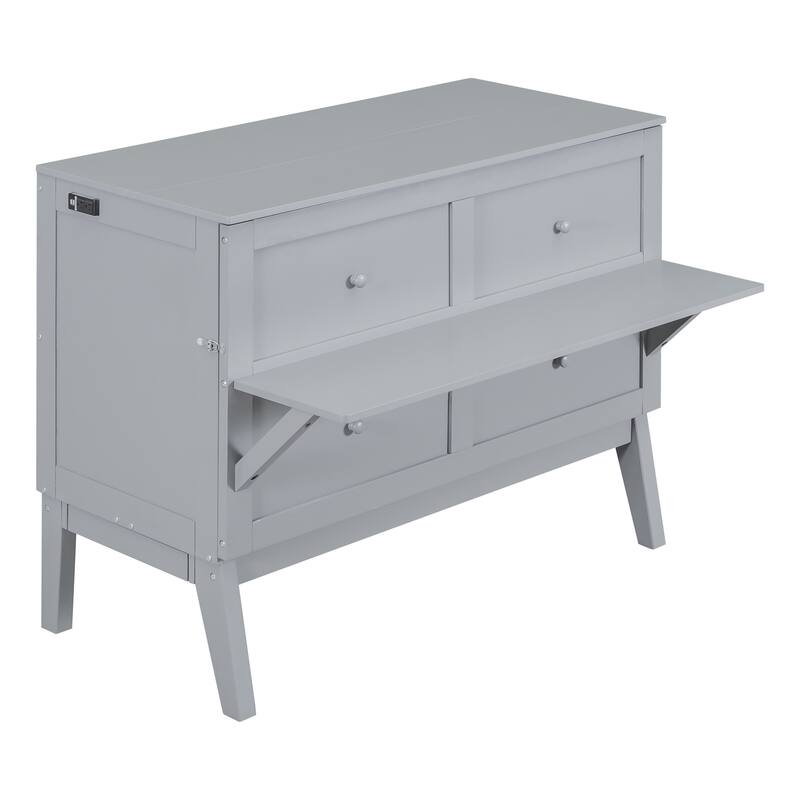 Pine Wood Murphy Bed Frame Built-in Desk Charging Station Bed Chest