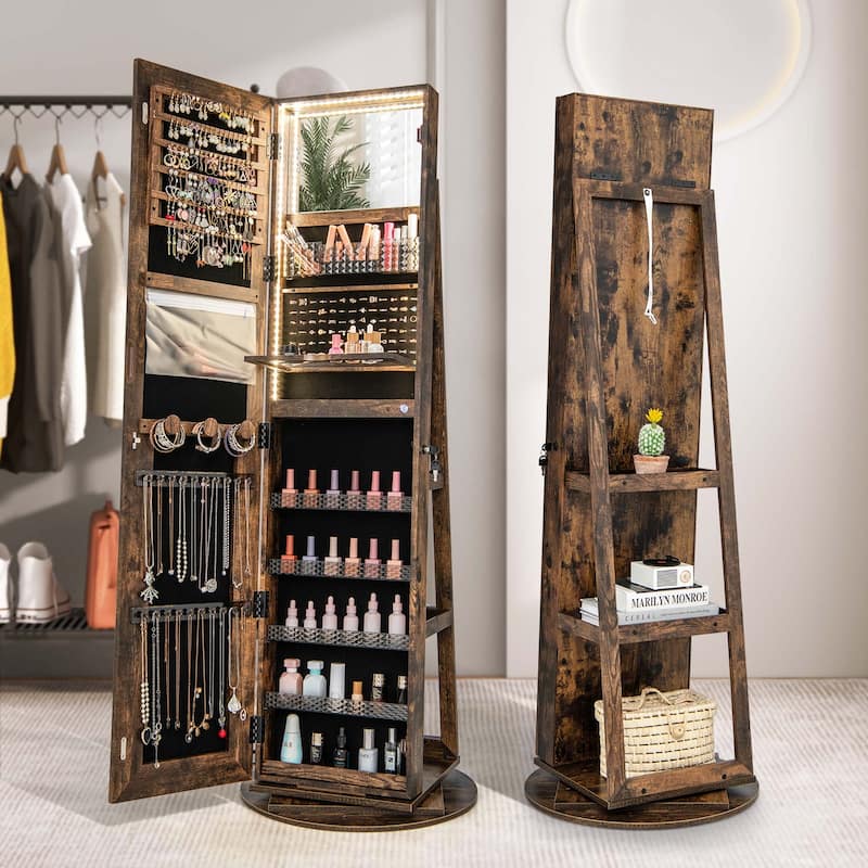 Costway 360° Swivel Jewelry Cabinet Organizer 3-Color LED Mirror with - See Details - Coffee