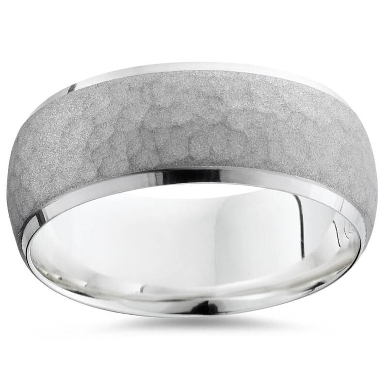Mens White Gold Brushed Hammered Comfort Wedding Band