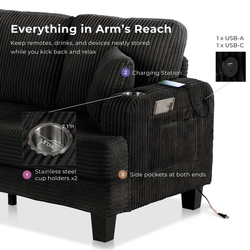 Furniture of America Xenia Modern 2-Piece Chenille Sofa Set with Cup Holders and USB Ports