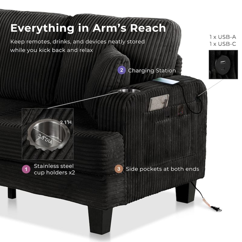 Furniture of America Xenia Modern Chenille Sofa with Cup Holders and USB Ports