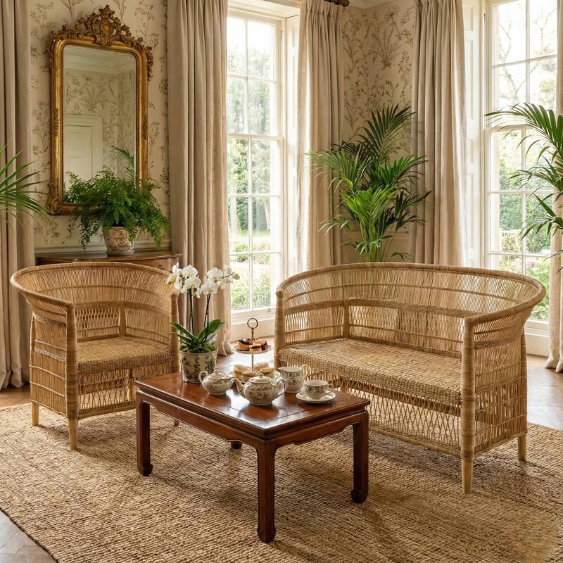 100% Handwoven Natural Rattan 2-Piece Indoor Seating Set with Chair and Loveseat, Solid Wood Frame, Boho Farmhouse - Natural